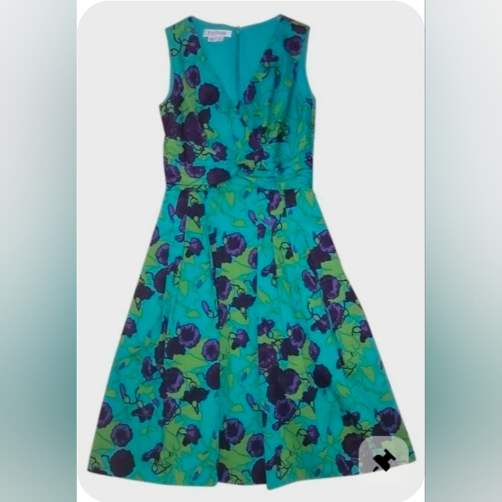 Kay Unger Teal Floral Fit-and-Flare Dress with Purple and Lime Accents